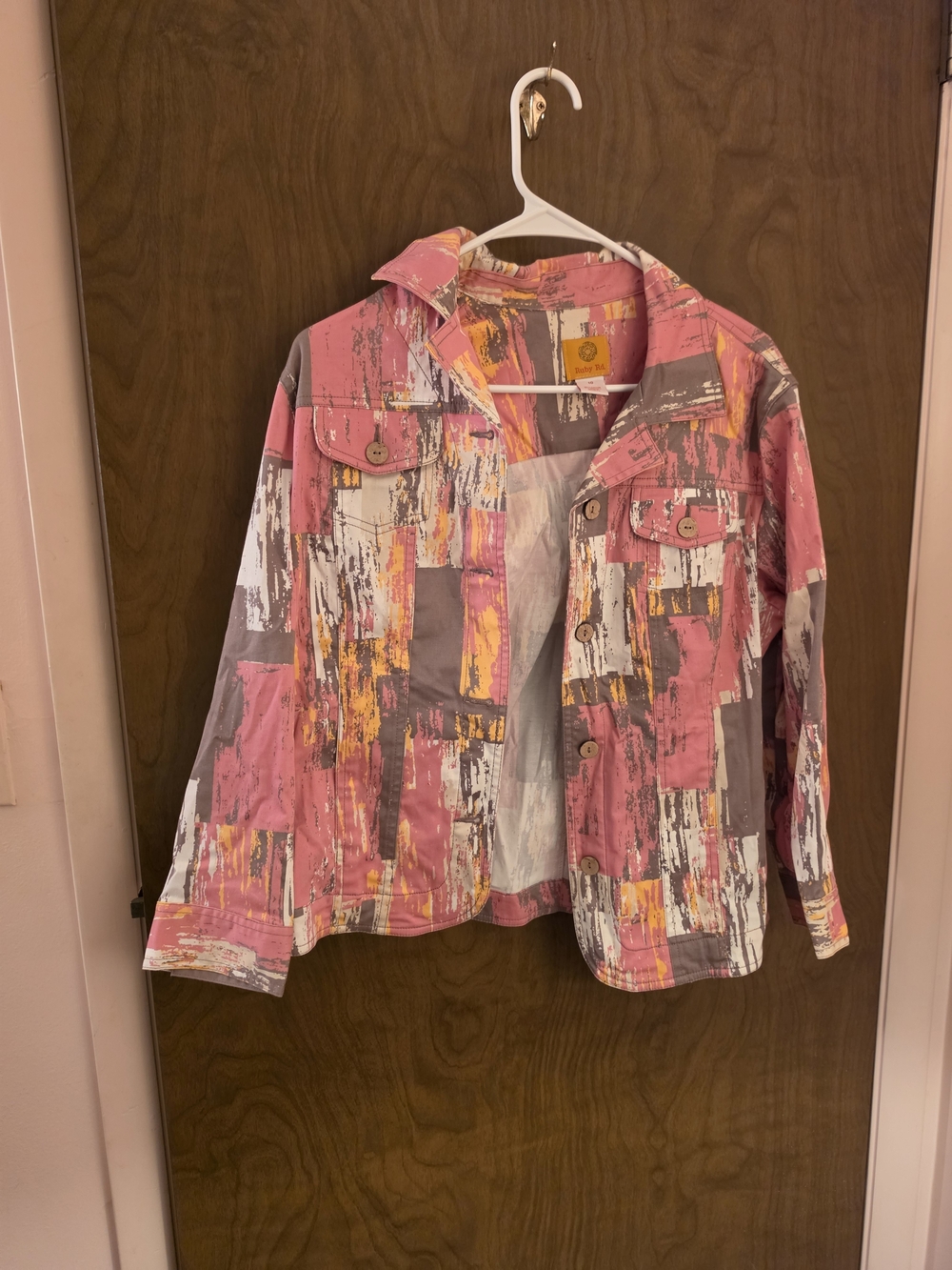 Ruby Rd. Pink Abstract Print Jacket with Yellow Accents Size 10